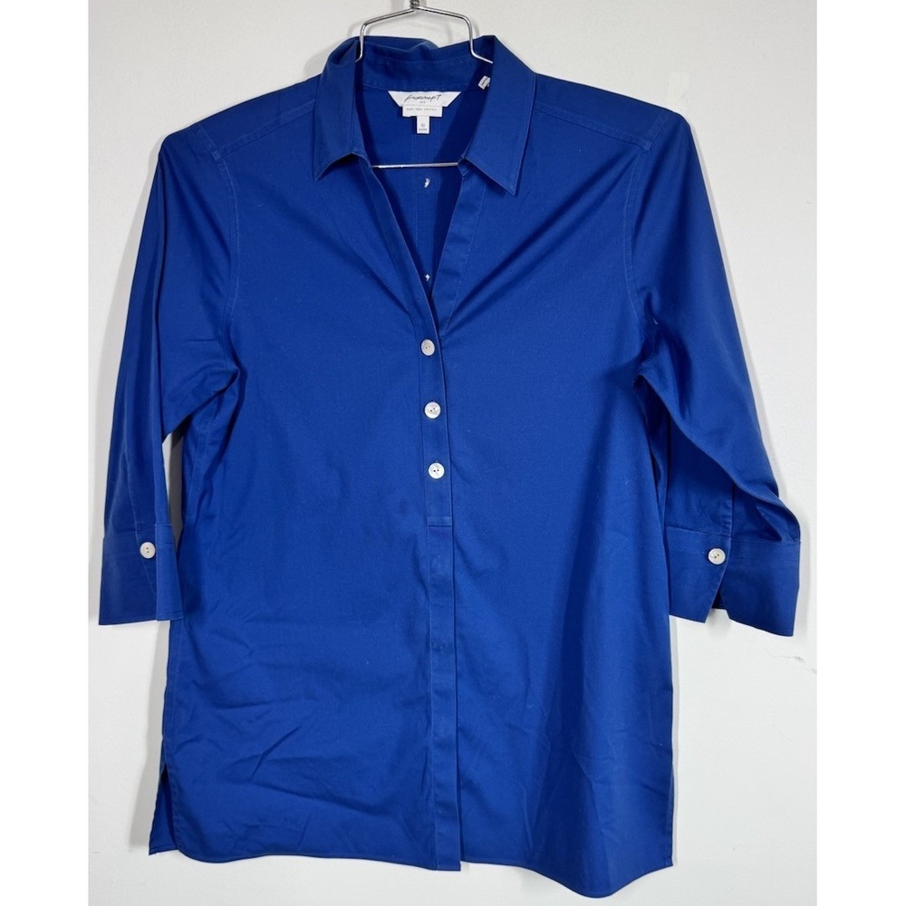 Foxcroft Pamela No Iron Stretch 3/4 Sleeve Tunic Top Shaped Fit Blue Womens 10